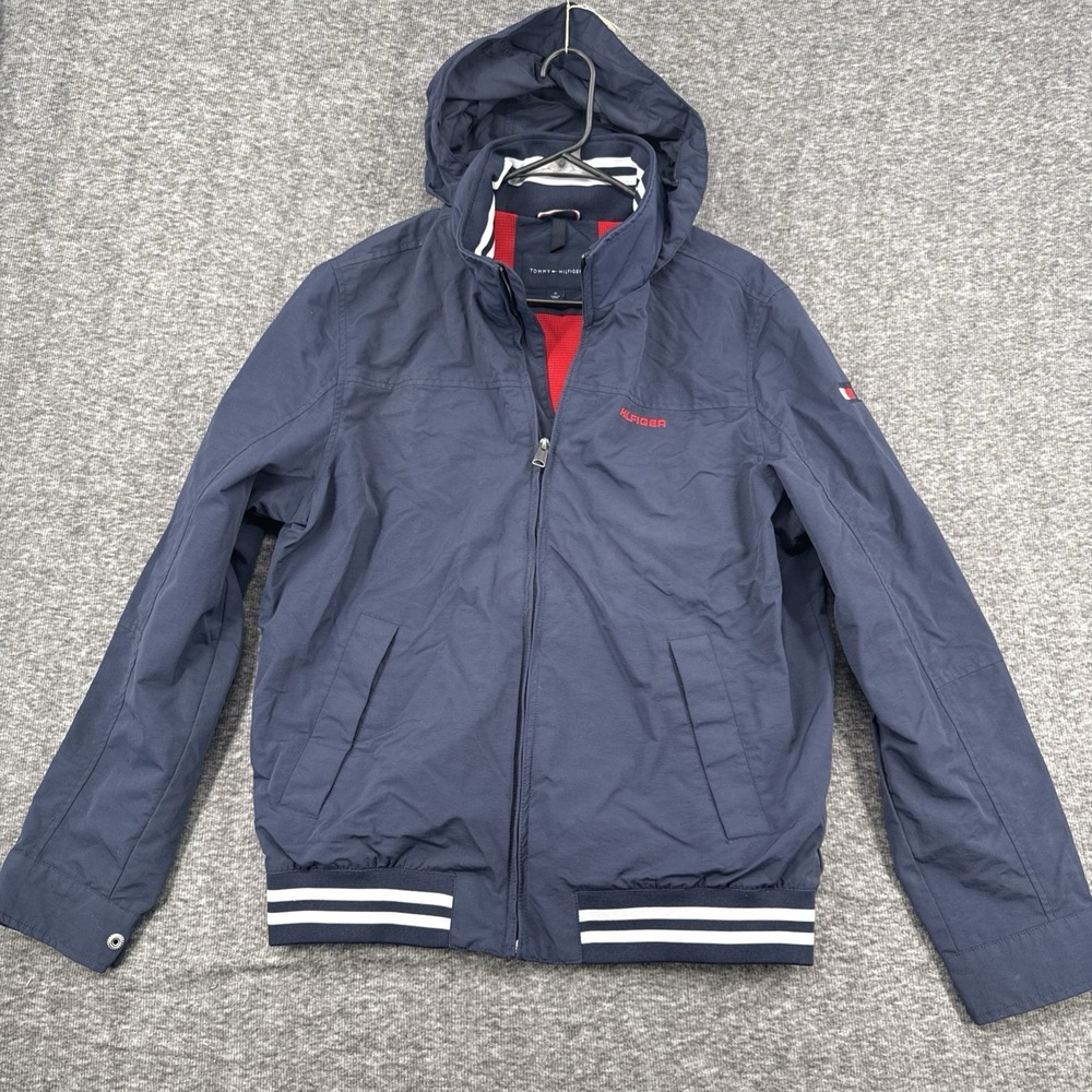 Tommy Hilfiger Yacht Jacket Mens Medium Navy Hooded Water Resistant Striped